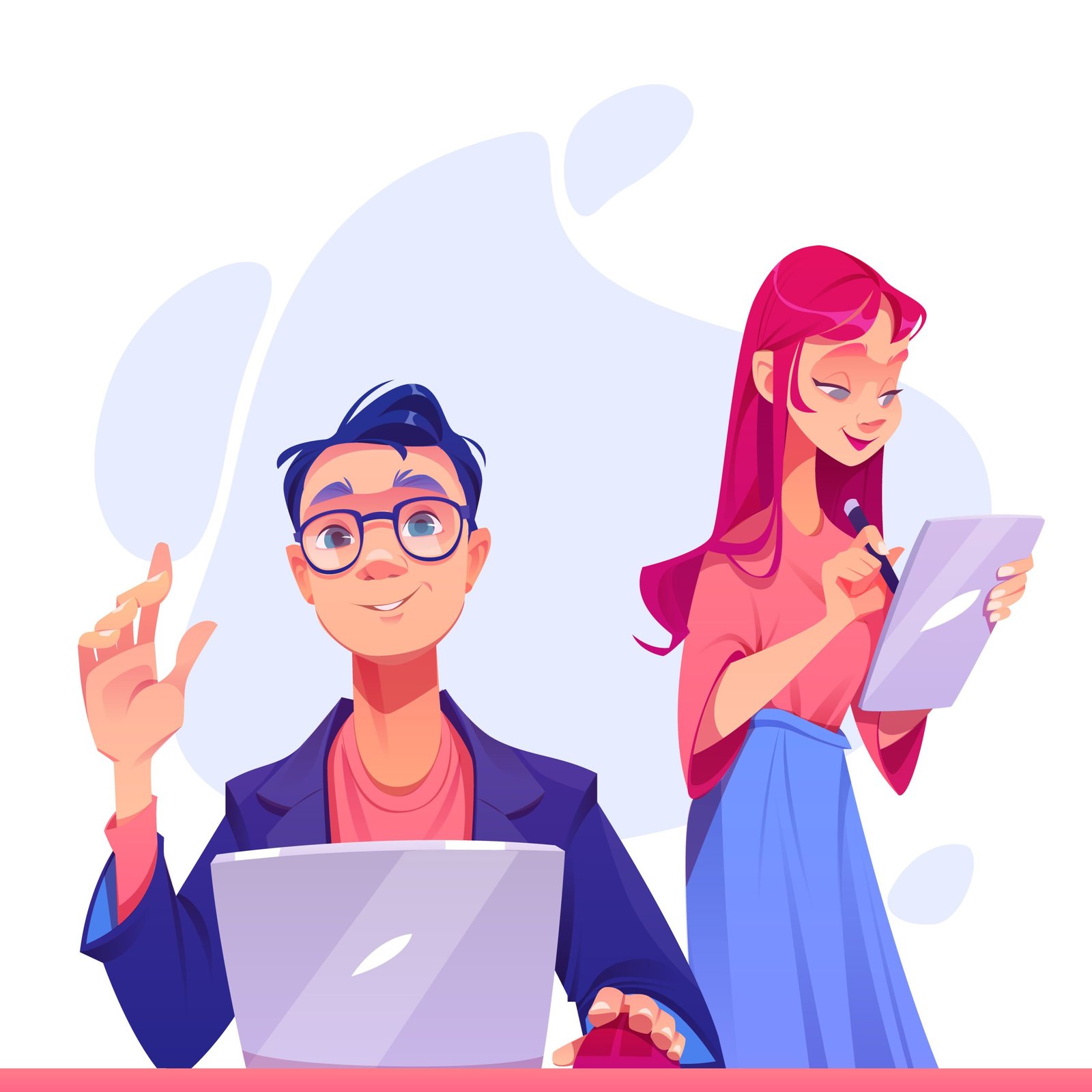 Programmer and graphic designer characters create website. Man with laptop and woman with tablet develop web content or user interface. Software or app design and programming, Cartoon vector concept